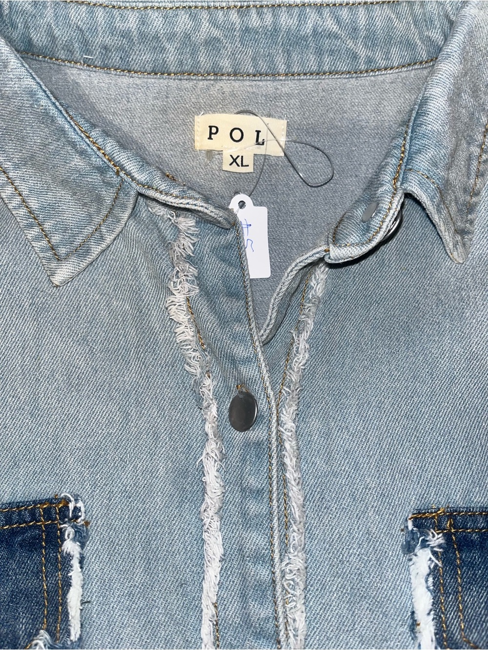 POL oversized Light Blue Patchwork Denim Jacket with Dark Blue Pockets - Picture 3 of 5